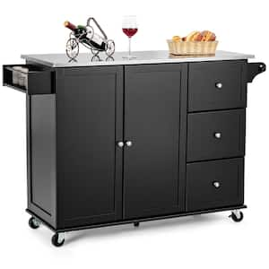 Black Kitchen Island 2-Door Storage Cabinet Stainless Steel Top w/Drawers