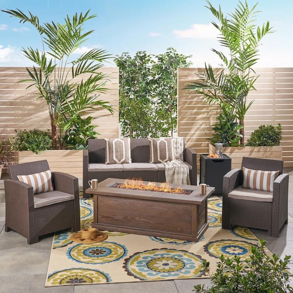 Noble House St. John's 5-Piece Faux Wicker Patio Fire Pit Conversation Set with Mixed Beige Cushions