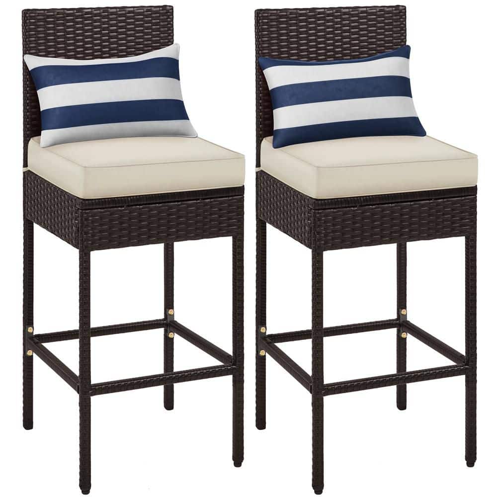 Outdoor Barstool Chair Set of 2, Gray PE Rattan Woven, Iron