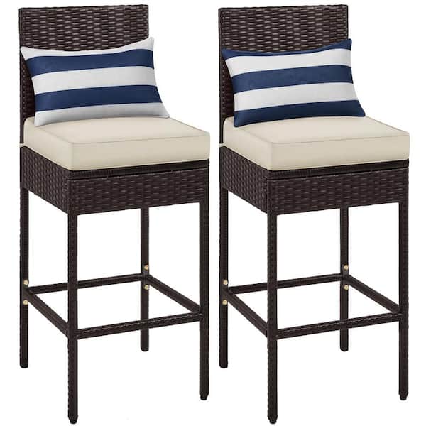 Set of 2 Outdoor PE Rattan Bar Stools with Cushion