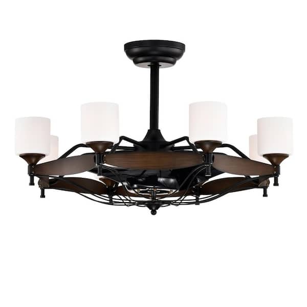 33 in. Matte Black Caged DC Motor Chandelier Ceiling Fan with Remote Control, 6-Speed, 3 ABS Blades (No Include Bulbs)