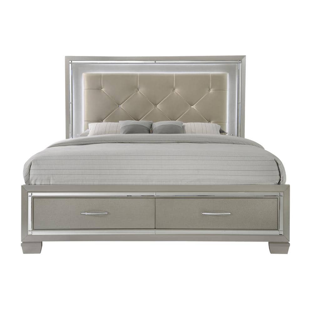 Glamorous Gray Queen Upholstered Storage Bed with Nailhead Trim