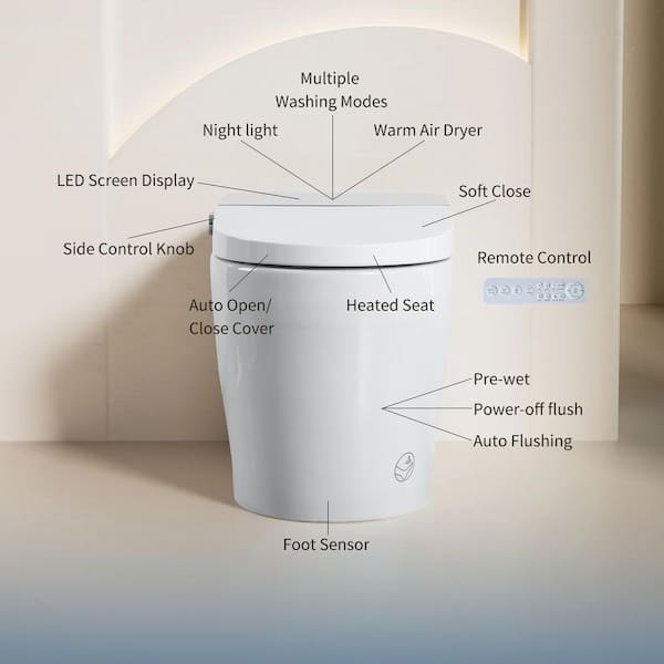 Elongated Smart Bidet Toilet 1.28 GPF in White with Auto Open/Close, Heated Seat, Warm Water Wash, and Dryer