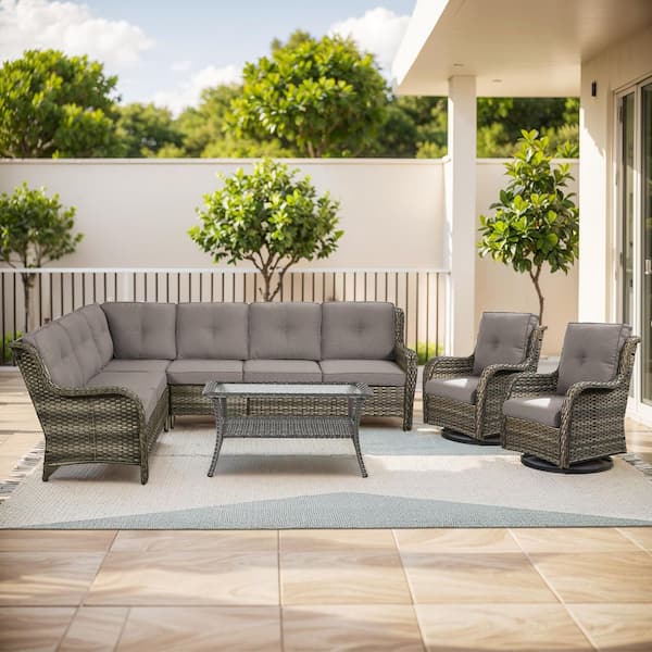 moosprr Arcline 5-Piece Gray Wicker Patio Conversation Set with Olefin Gray Cushions L-Shaped Sofa with Outdoor Swivel Chair