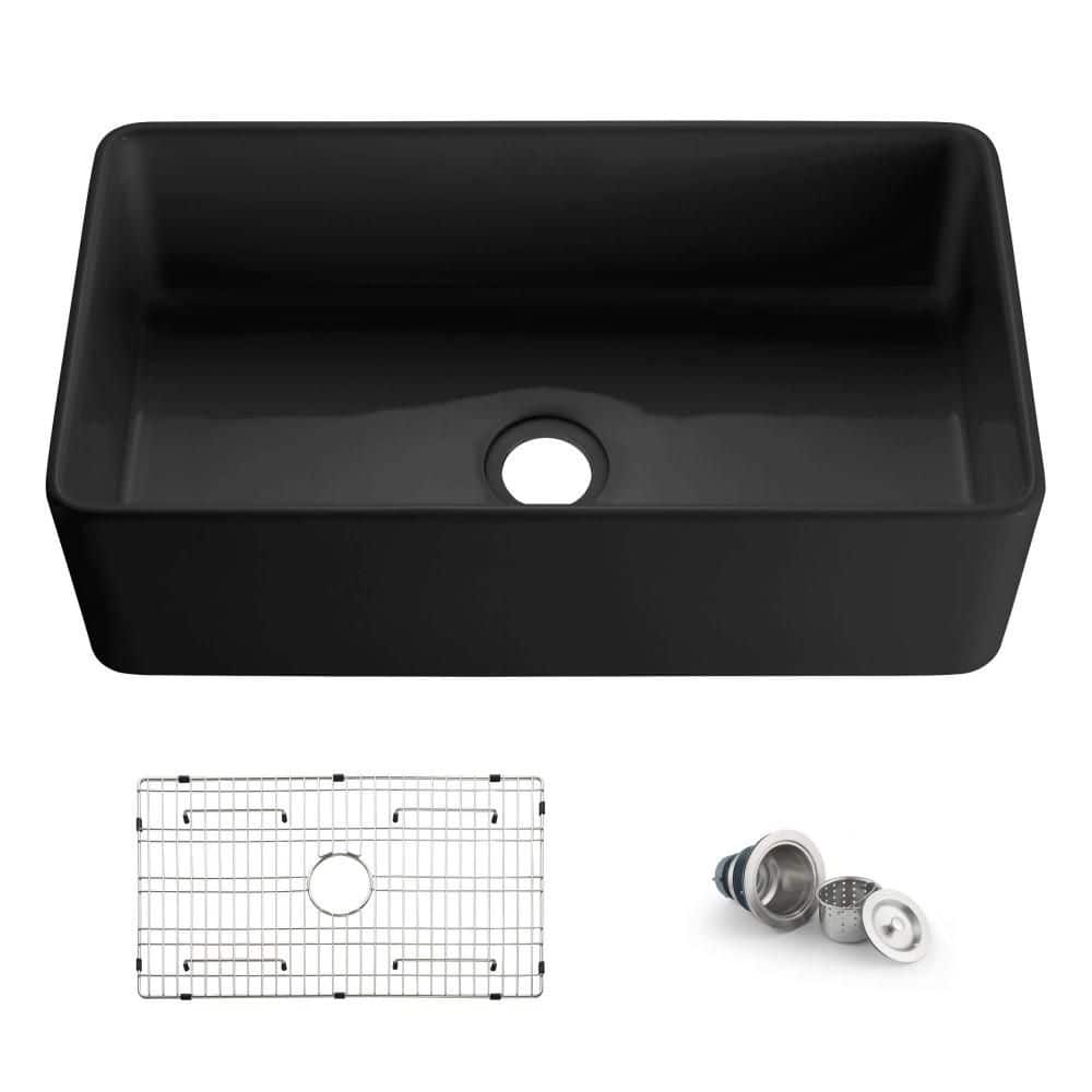 33in. Farmhouse/ Apron-Front Single Bowl Matte Black Fireclay Kitchen Sink with Bottom Grids, Strainer price history on PriceWatchPro
