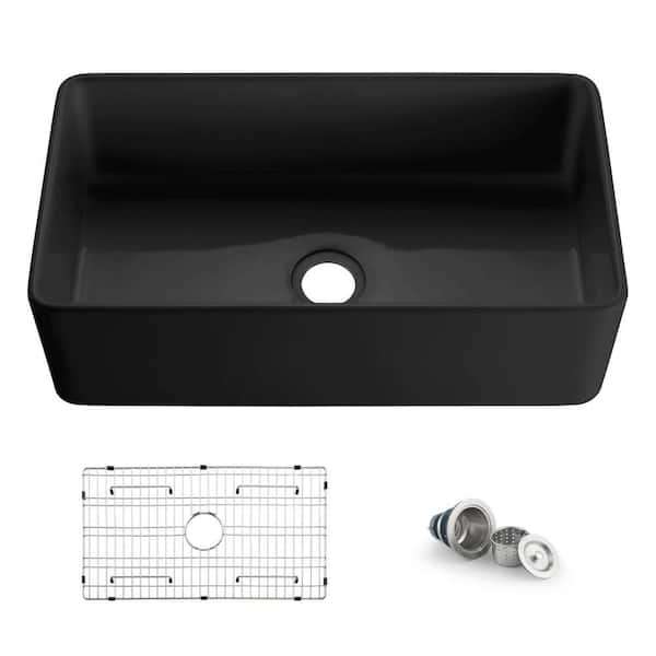 33in. Farmhouse/ Apron-Front Single Bowl Matte Black Fireclay Kitchen Sink with Bottom Grids, Strainer