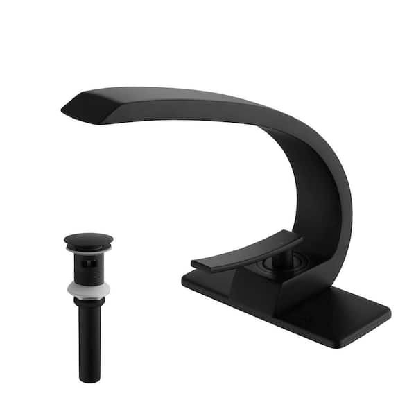 FLG Single Handle Single Hole Bathroom Faucet with Pop-up Drain, Deckplate Modern Brass Sink Basin Vanity Tap in Matte Black