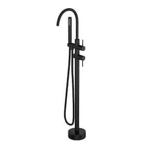 Double-Handle Freestanding Floor Mount Tub Faucet Tub Filler with Hand Shower in Matte Black
