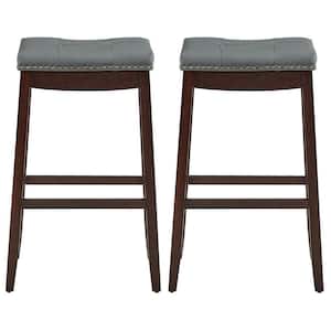 29 in. Coffee Backless Wooden 29 in. Nailhead Bar Stool with Footrest and Cushioned-Seat (Set of 2)