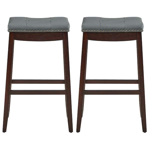 Leather Bar Stool With Back 29" Seat Height Espresso Wood Frame Nailheads 