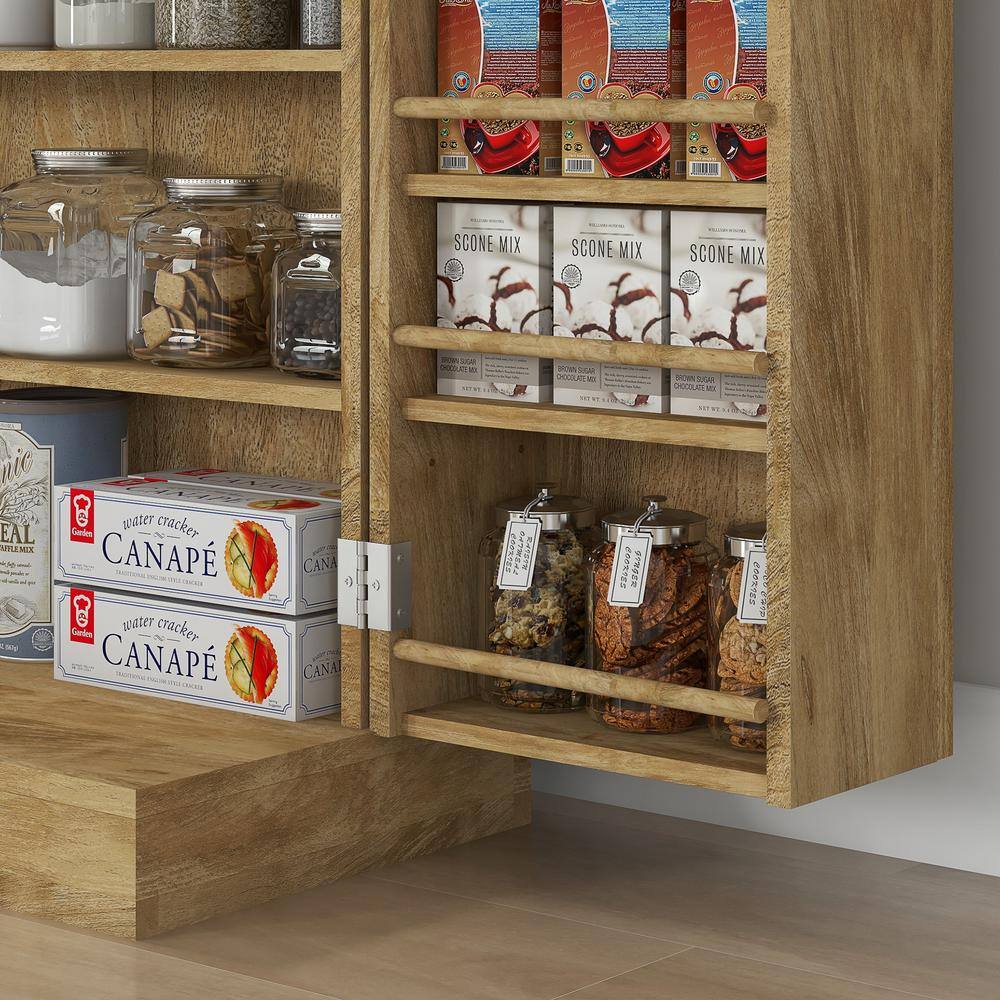 HOMCOM 40.9" Kitchen Pantry Storage Cabinet, Freestanding Kitchen Cabinet with Rattan Doors 5-Tier Shelf 12 Spice Racks Adjustable Shelves Natural