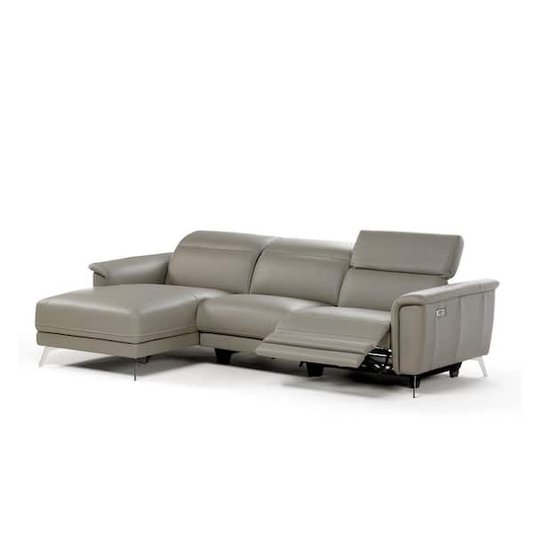 Pasargad Home Casanova 104 in. Taupe Solid Italian Leather 3-Seater L-Shaped Chaise Sectional Sofa with Motorized Foot Rest