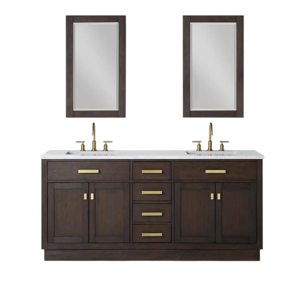 Chestnut 72" Brown Oak Double Sink Vanity with Carrara White Marble Countertop