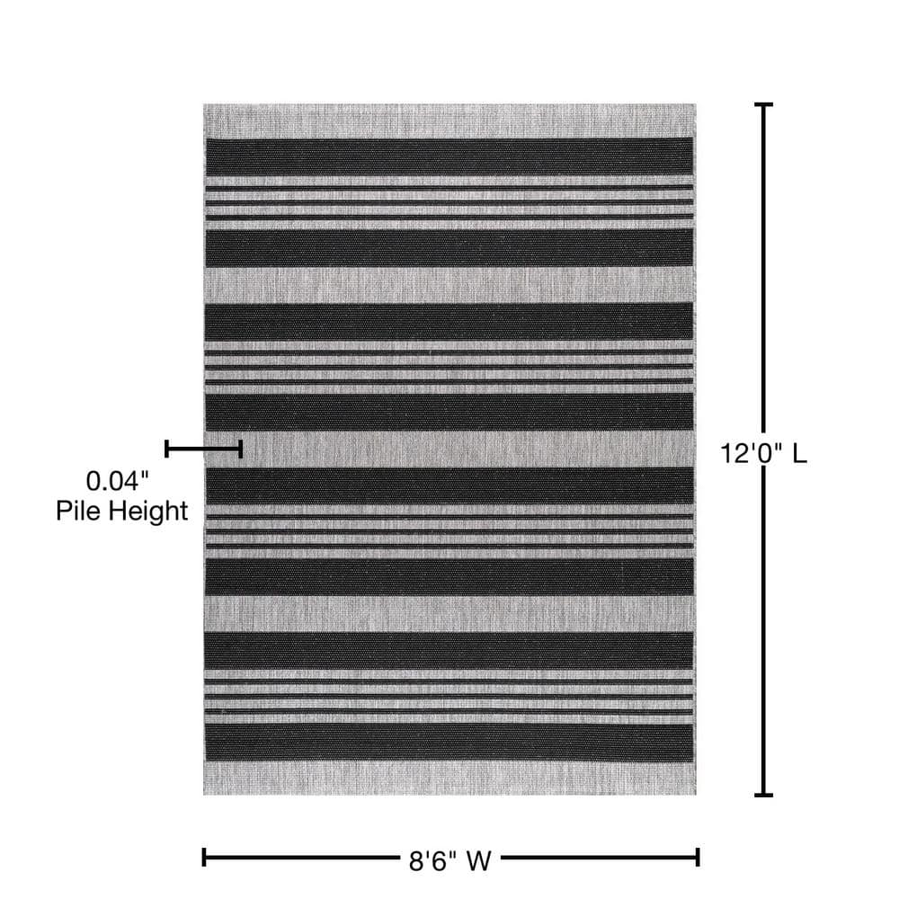Gray and Black Striped Synthetic Indoor/Outdoor Rug