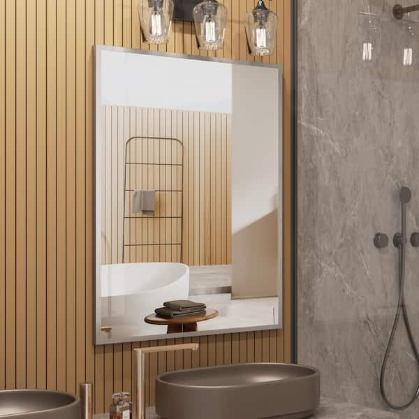 40 in. W x 32 in. H Large Rectangular Right angle Aluminum Framed Wall Mounted Bathroom Vanity Mirror in Brushed Nickel