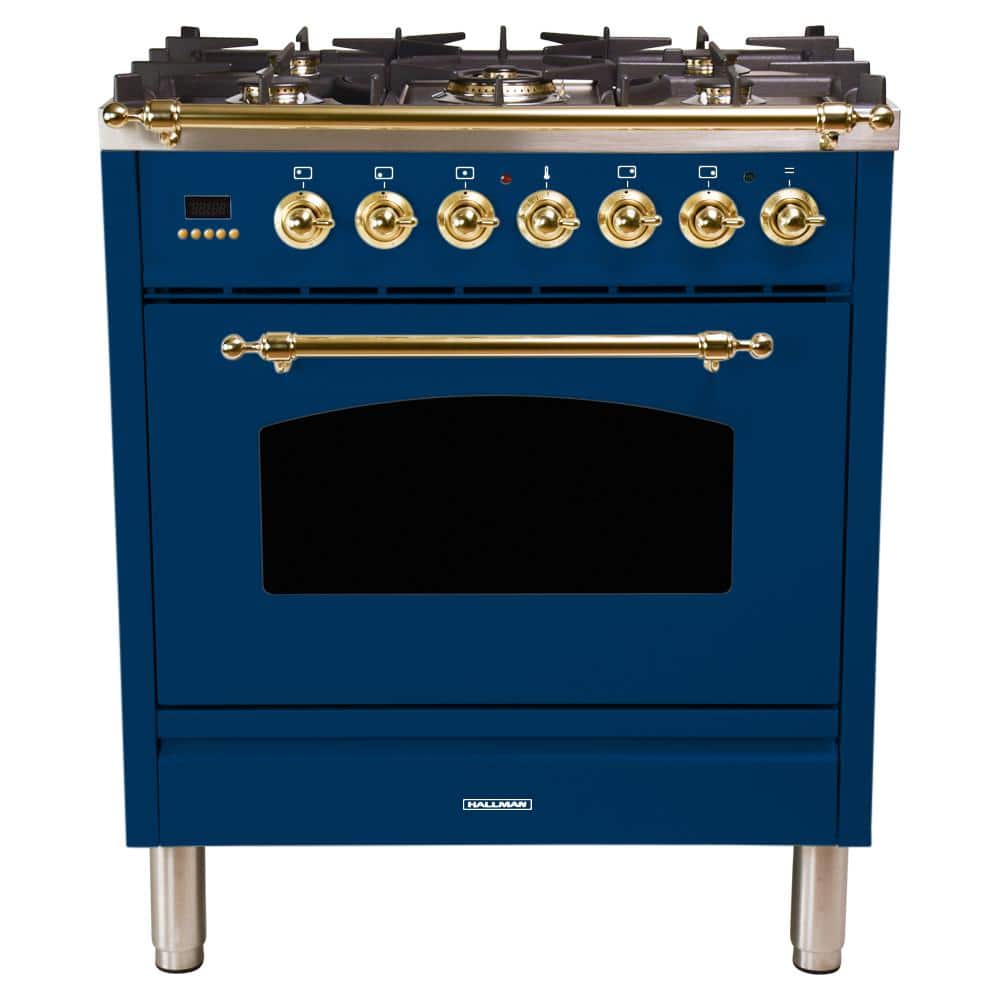 Hallman 30 in. 3.0 cu. ft. Single Oven Dual Fuel Italian Range with True Convection, 5 Burners, Brass Trim in Blue