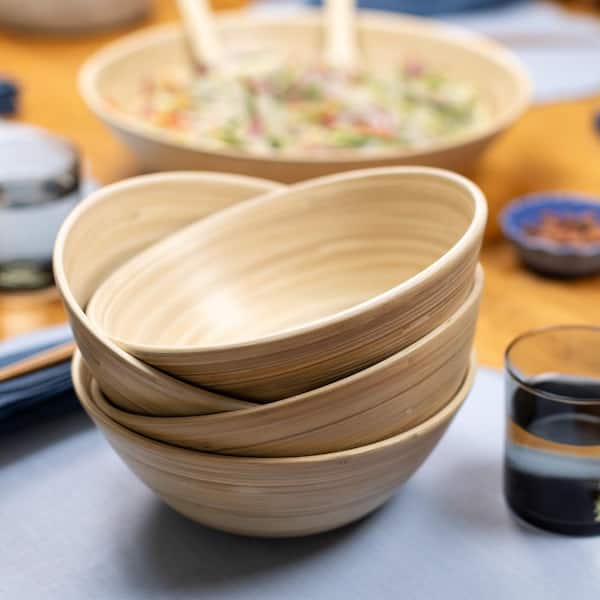 Lexa 14 in. 8 in. 179 fl. oz. 51 fl. oz. Natural Beige Bamboo Salad Serving Bowls (Set of 6)