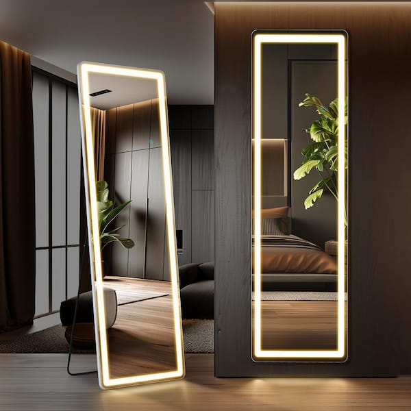Unbranded White 16 in. W x 60 in. H Rectangular Aluminum Alloy Framed Full Length Mirror, Standing Mirror, with 3-Color LED Lights