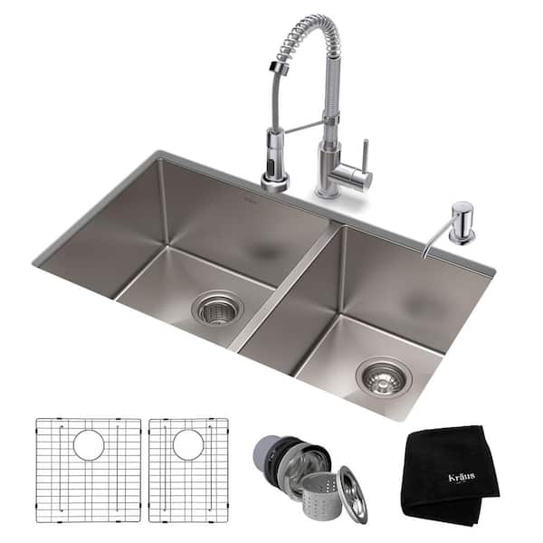KRAUS Standart PRO 33 in. Undermount Double Bowl 16 Gauge Stainless Steel Kitchen Sink with Faucet in Chrome