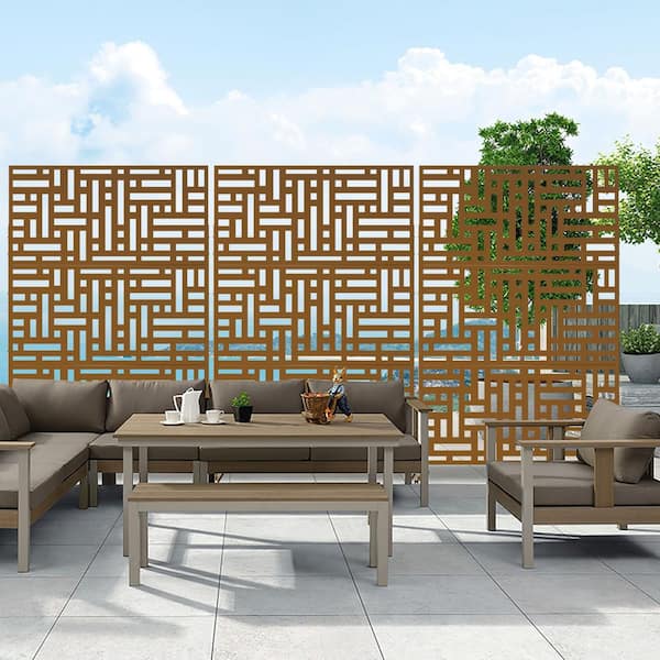 Dovelina 76 in. x 47.2 in. Laser Cut Metal Rust Outdoor Privacy Screen Block Pattern