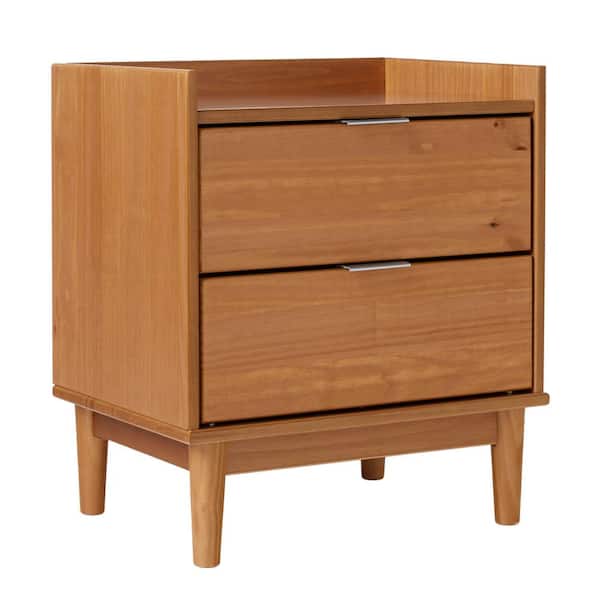 2-Drawer Caramel Solid Wood Mid-Century Modern Tray-Top Nightstand