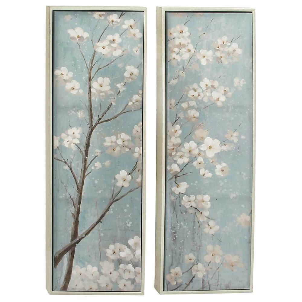 Teal and White Cherry Blossom Canvas Wall Art Set with Silver Frame