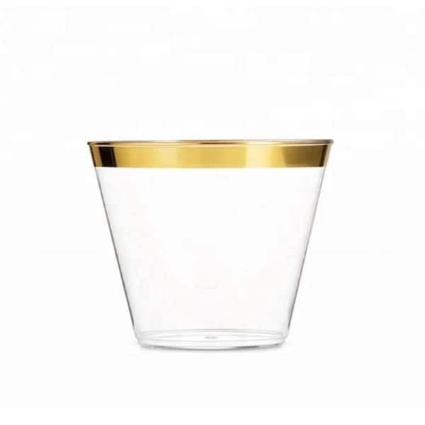 PERFECT SETTINGS 9 oz. 4 Line Gold Rim Clear Disposable Plastic Cups,  Party, Cold Drinks, (110/Pack) 110GLDFOURLN9OZ - The Home Depot