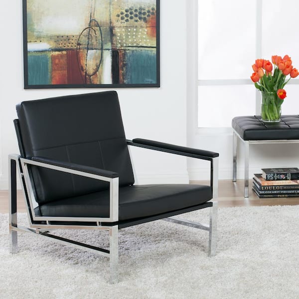 Studio Designs Home Atlas Black Accent Chair Mid Century in Blended Leather and Metal Frame