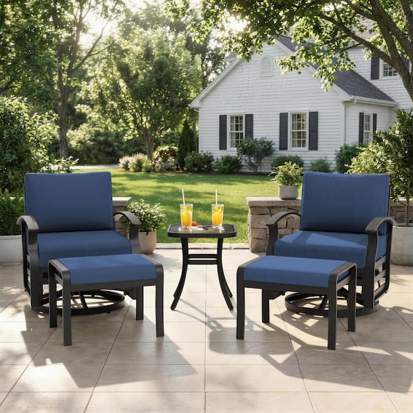 5-Piece Aluminum Swivel Outdoor/Indoor Gliding Chairs Patio Conversation Set with Navy Cushions and Table, Footstool