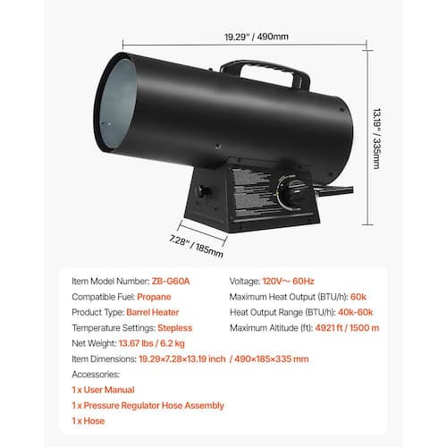 60000 BTU Propane Heater, Forced Air with Stepless Temp Control