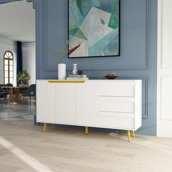 FUFU&GAGA 63 in. W White Wood Buffet Sideboard with 3 Doors Cabinet and 3 Drawers for Kitchen Dining Room