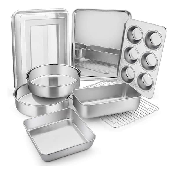 9-Piece Stainless Steel Bakeware Set Silver Nonstick Oven Safe Dishwasher Safe for Cake Cookie Loaf Muffin