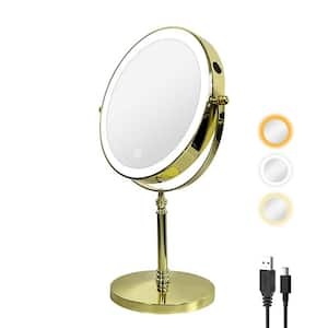 8 in. W x 14 in. H Round 10X Magnifying Double Sided Bathroom Makeup Mirror 3 Colors Touch Dimmable LED in Gold