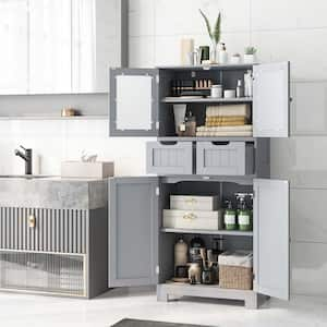 Grey Bathroom Floor Storage Cabinet Kitchen Cupboard with 2-Drawers and Glass Doors