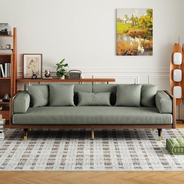 JASIWAY 82.7 in. W Square Arm Linen Modern Rectangle Sofa in. Green-Walnut Frame