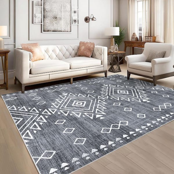 Gray 8x10ft Geometric Retro Corridor Strip Carpet Tribal Style Distressed Area Rug