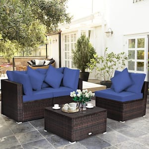 4-Piece Brown Wicker Patio Conversation Set with Navy Cushions