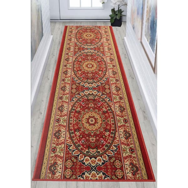 Medallion Oriental Cut to Size Red Color 36" Width x Your Choice Length Custom Size Slip Resistant Rubber Runner Rug