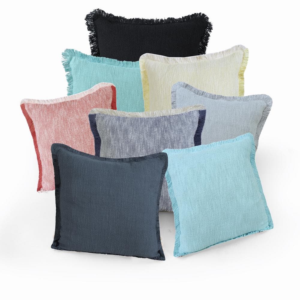 Coastal Navy Blue Textured Cotton 20" Throw Pillow with Fringe