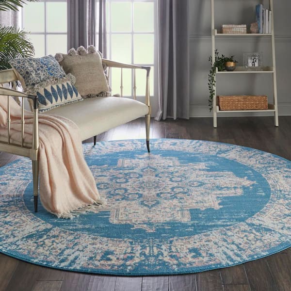 Grafix Blue 8 ft. x 8 ft. Persian Medallion Transitional Round Rug