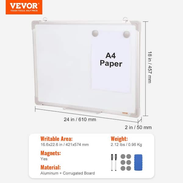 VEVOR Magnetisch glazen whiteboard, Dry Erase Board 91,4 cm x 61 cm, wandmontage groot wit glasbord zonder frame, met markeerlade, een gum en 2 markeringen, wit
