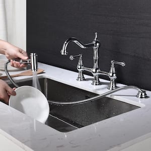 Double Handle Bridge Kitchen Faucet with Pull-Out Side Spray in Chrome