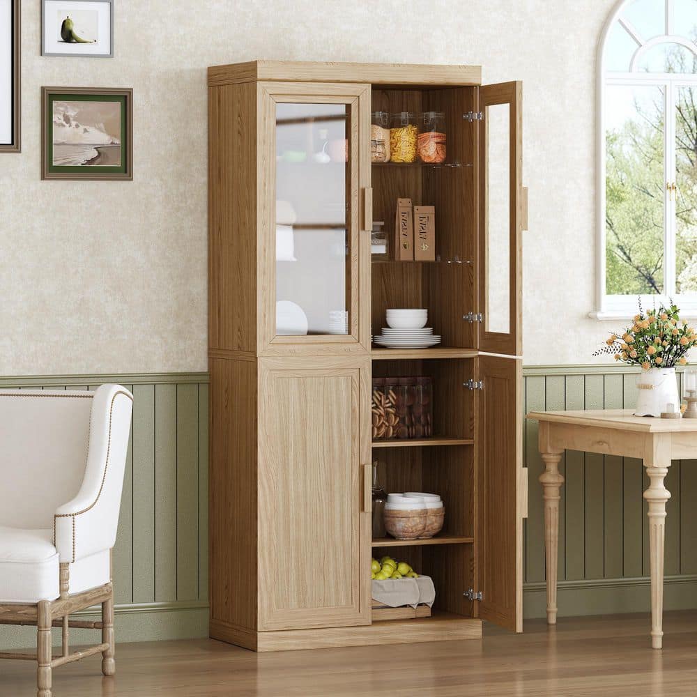 Light Brown Wood 31 in. Buffet Sideboard Kitchen Storage Pantry Cabinet with Adjustable Shelves