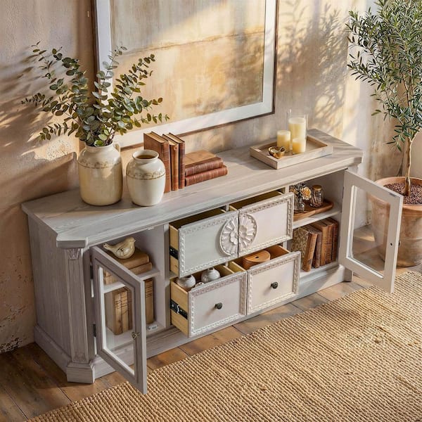 Light Gray Solid Wood Buffet Sideboard with Storage Drawers and Glass Door Cabinets, Ships fully assembled