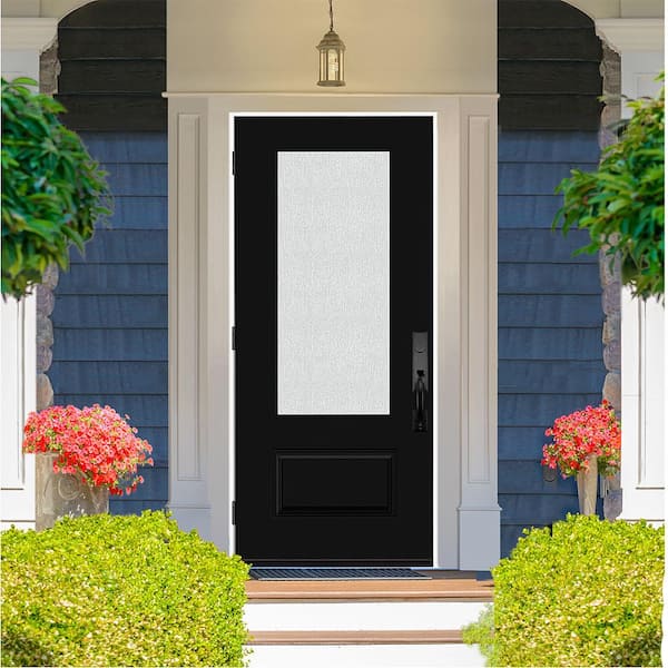 Legacy 36 in. x 80 in. 3/4 Lite Rain Glass RHOS Black Finish Fiberglass Prehung Front Door