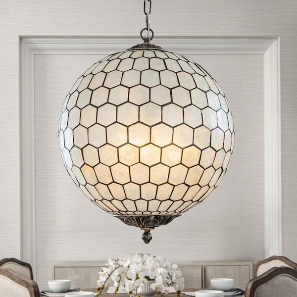 3-Lights W 18 in. Vintage Natural Capiz Seashell Chandelier in Antique Brass French Country Globe Lantern Pendant Light