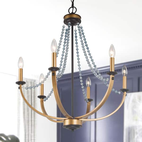 Uolfin Modern Dining Room Chandelier 5-Light Brushed Gold Candlestick Chandelier with Crystal Beads