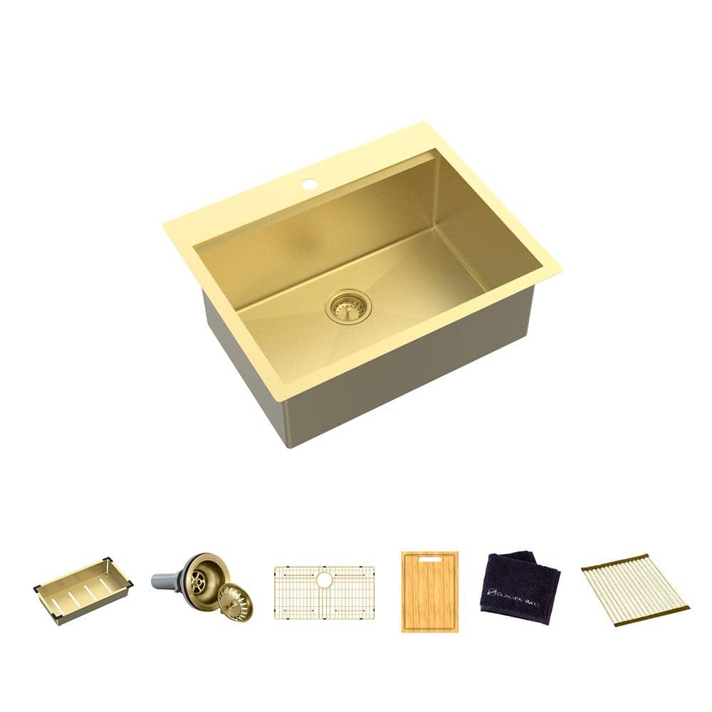 Glacier Bay 33 in. Drop In Single Bowl 18-Gauge Gold Stainless Steel Workstation Kitchen Sink with Spring Neck Faucet