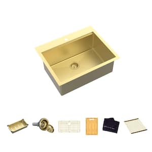 33 in. Drop In Single Bowl 18-Gauge Gold Stainless Steel Workstation Kitchen Sink with Spring Neck Faucet