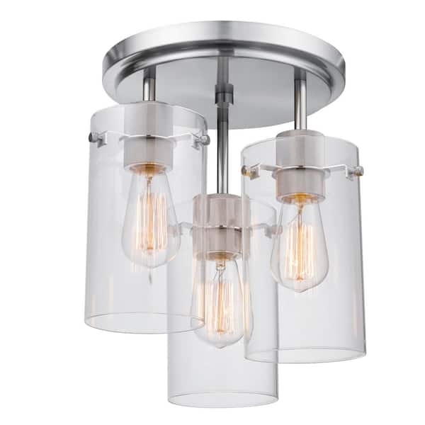 Globe Electric Cusco 13.6 in. 3-Light Brushed Steel Semi-Flush Mount Ceiling Light with Clear Glass Shades